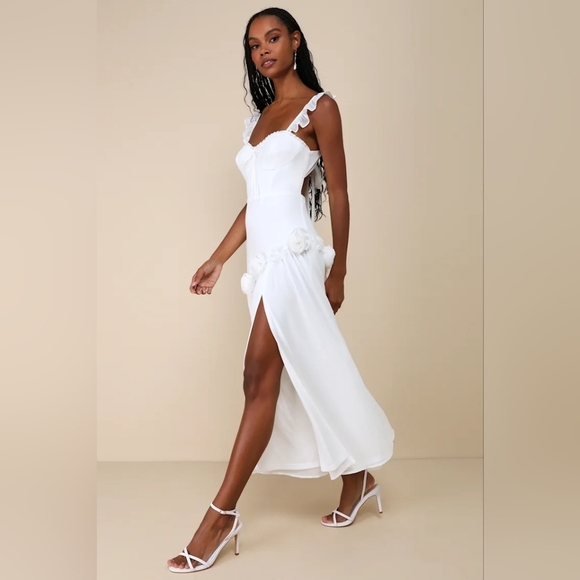 Lulus Romantic Attitude White Chiffon Rosette Drop Waist Maxi Dress XL Wedding - Picture 3 of 9